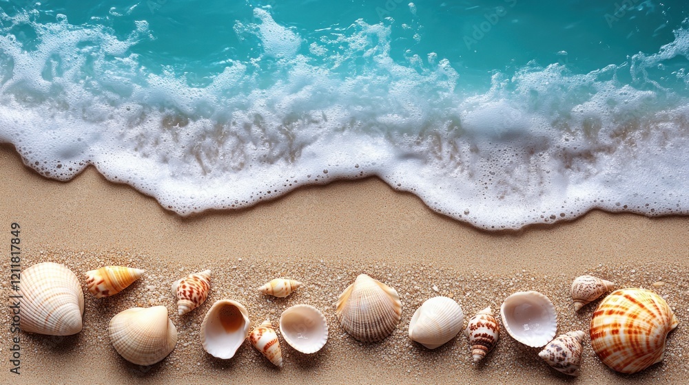 Ocean wave gently washes ashore, leaving white foam on sandy beach with seashells. Ocean wave gently washes ashore, leaving white foam on sandy beach with seashells.