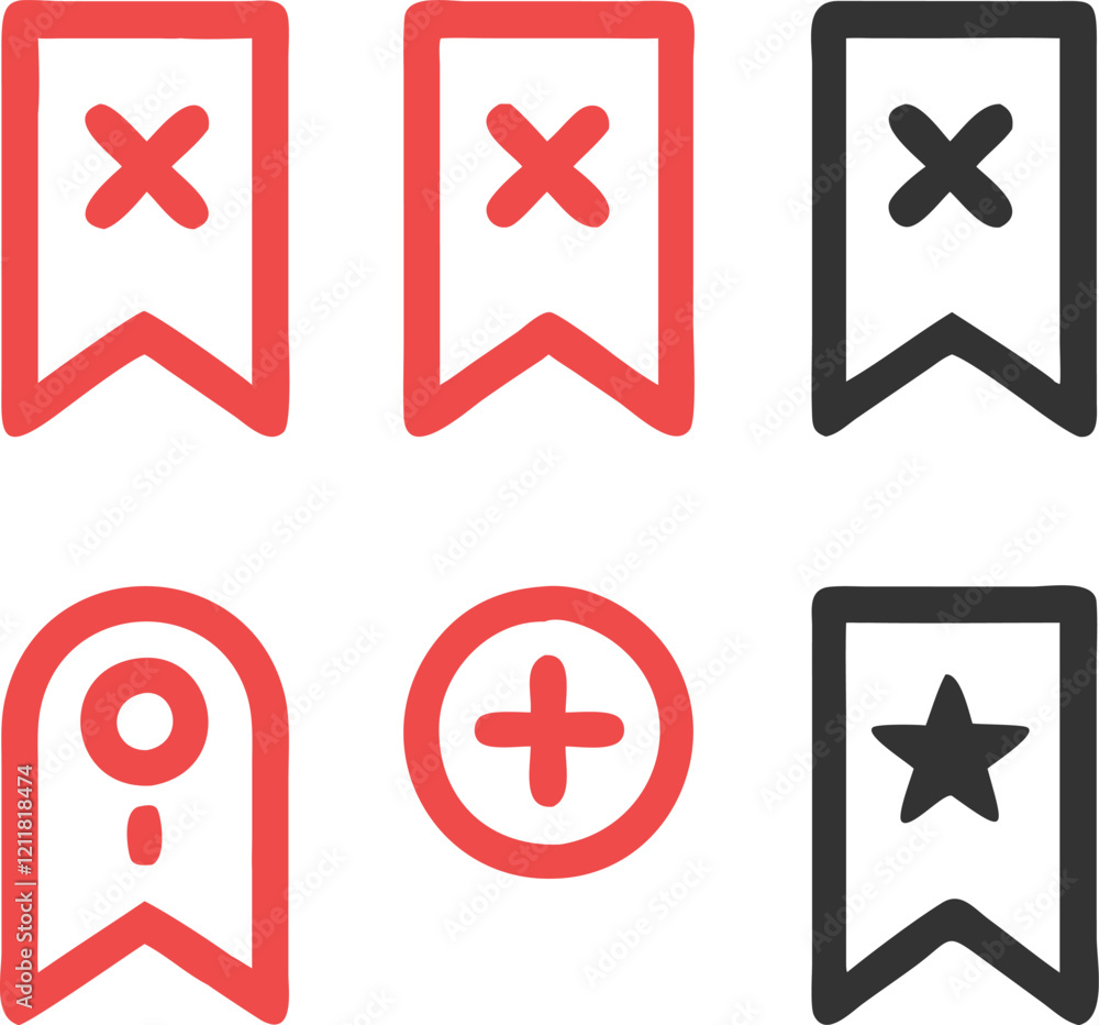 Obraz premium Set of Red and Black Bookmark Icons with Different Symbols