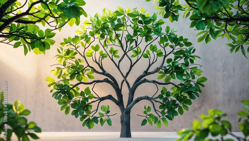Obraz premium Full tree with green leaves and visible branches in a natural indoor space