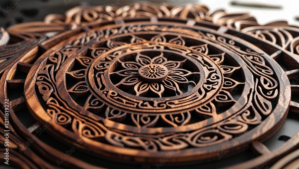 Carved Wood Mandala with Floral Pattern Layers and Intricate Line Details Close Up Carved Wood Mandala with Floral Pattern Layers and Intricate Line Details Close Up