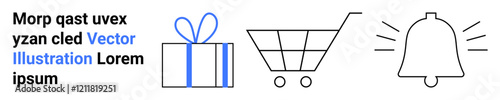 Gift box with blue ribbon, shopping cart with two wheels, and ringing notification bell in minimalist style. Ideal for e-commerce, retail, online stores, notifications, purchases, promotions