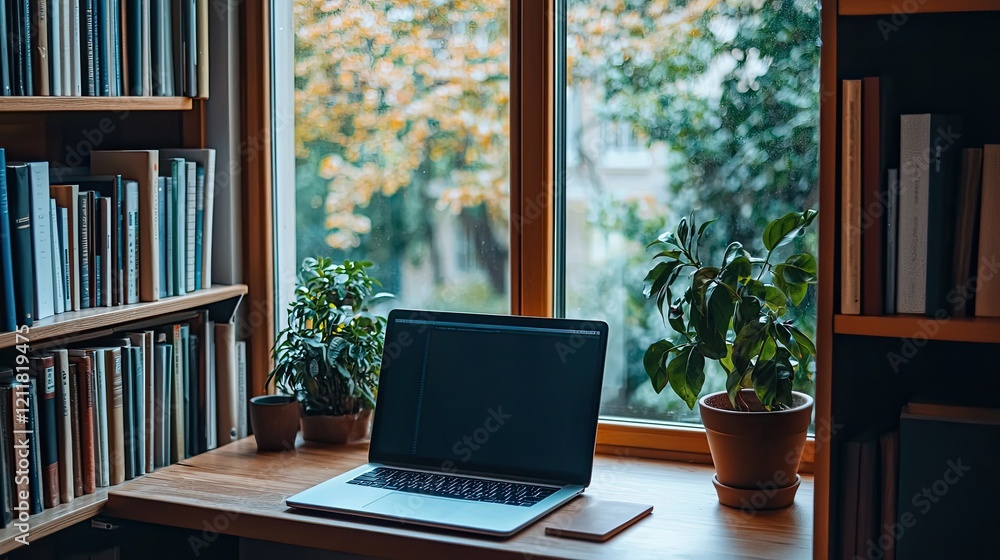 A bright and airy home office space featuring a laptop, bookshelves, and a window view of nature A bright and airy home office space featuring a laptop, bookshelves, and a window view of nature