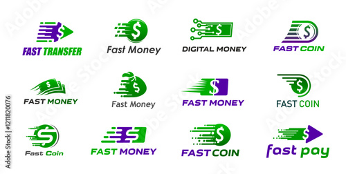 Fast money transfer icons. Quick cash exchange, pay and credit, speed bank payment and digital wallet vector signs of abstract coins, bills, money bag and arrows with dollar symbols and motion trails