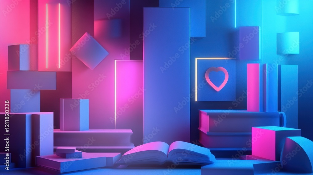 Abstract neon background with books and geometric shapes. Abstract neon background with books and geometric shapes.