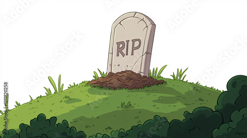 a cartoon gravestone labeled rip on a grassy hill surrounded by bushes and dirt under a bright white background	