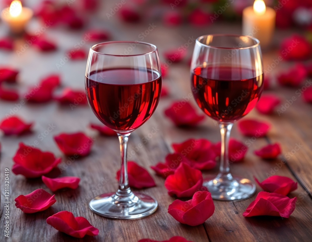 Romantic red wine setting with rose petals and candlelight on wooden table Romantic red wine setting with rose petals and candlelight on wooden table