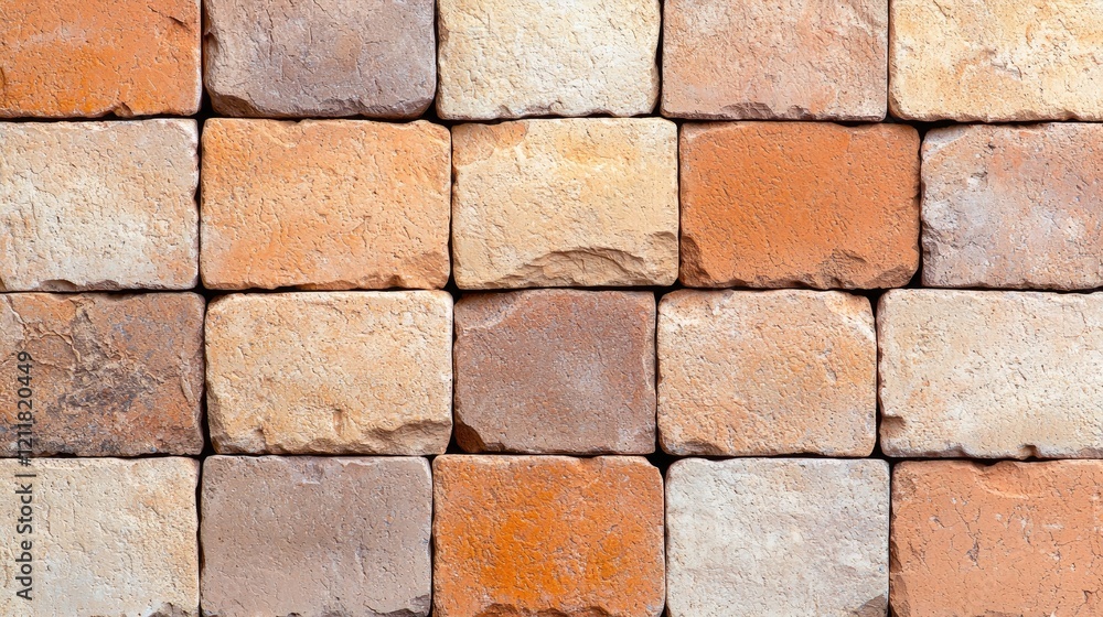 Textured stone wall, various shades of orange and beige, close-up, background for design Textured stone wall, various shades of orange and beige, close-up, background for design