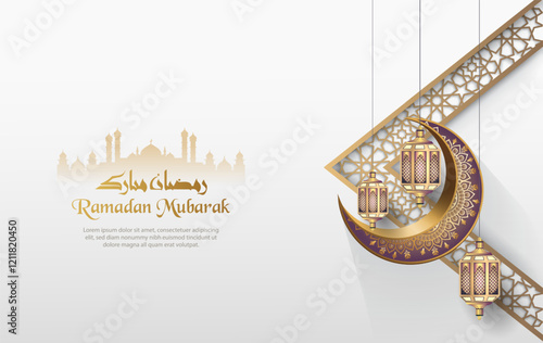 islamic greetings ramadan mubarak template design with islamic decoration, lanterns and crescent moon