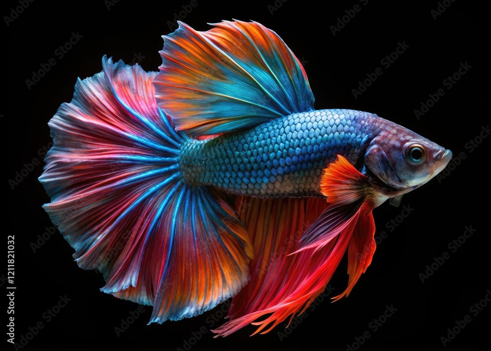 Fototapeta premium A black backdrop silhouettes a vibrant flowertail betta, its exotic colors a stark contrast.
