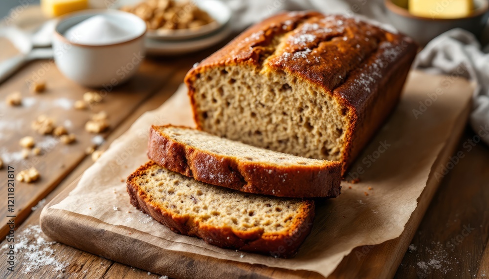 Sliced Banana Bread: A close-up of a loaf of freshly baked banana bread, sliced and ready to be devoured. The warm. Sliced Banana Bread: A close-up of a loaf of freshly baked banana bread, sliced and ready to be devoured. The warm.