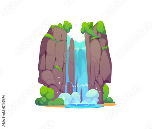 Cartoon waterfall, river water cascade. Mountain stream cascade computer game design item. Jungle forest river scene isolated vector arcade background or park waterfall nature videogame level element