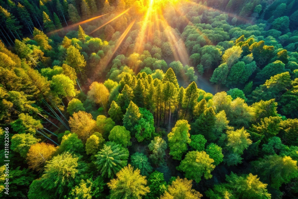 Fototapeta premium Sun-drenched forest canopy, aerial drone view showcasing lush woodland, vibrant sunbeams filtering through leaves.