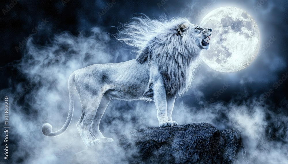 Fototapeta premium Majestic White Lion Roaring Under a Full Moon