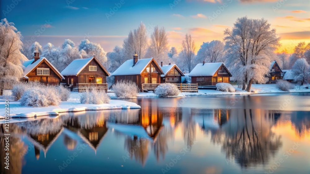 Snow-covered wooden houses in a small winter village with frozen lake and trees surrounding the buildings, frozen landscape, winter wonderland Snow-covered wooden houses in a small winter village with frozen lake and trees surrounding the buildings, frozen landscape, winter wonderland