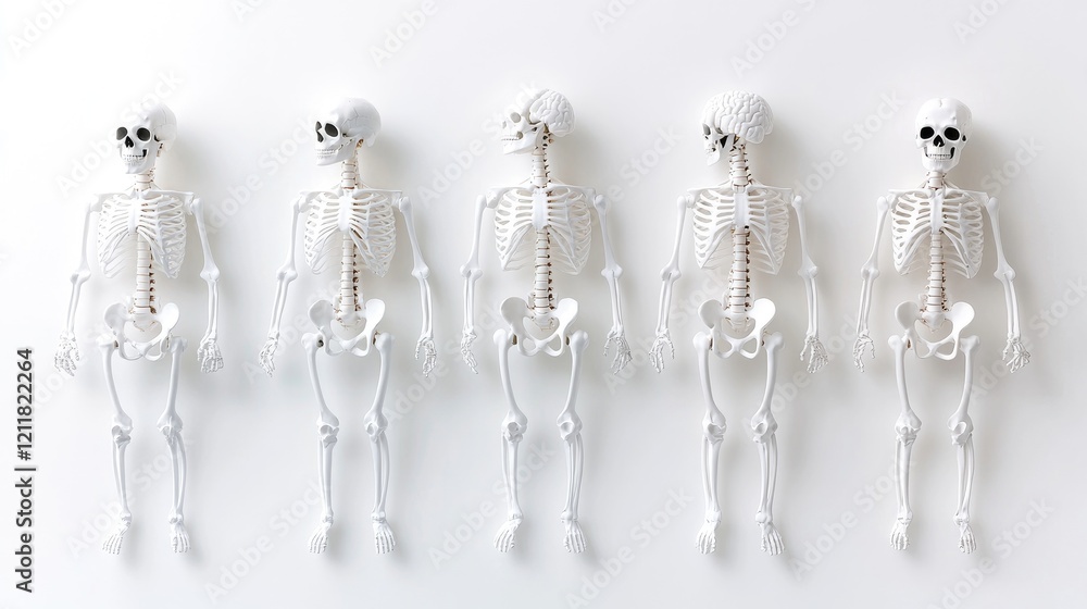 Obraz premium Five miniature skeletons in a row on white. Medical study or Halloween