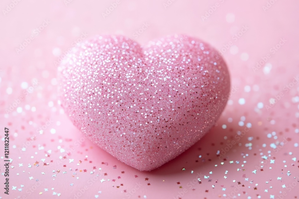 Fototapeta premium Sparkling pink heart on a soft pink background with scattered glitter creating a festive and charming atmosphere for celebrations