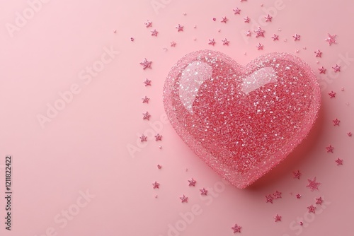 Sparkling pink heart with glittery stars on a pastel background showcases love and joy in a creative display