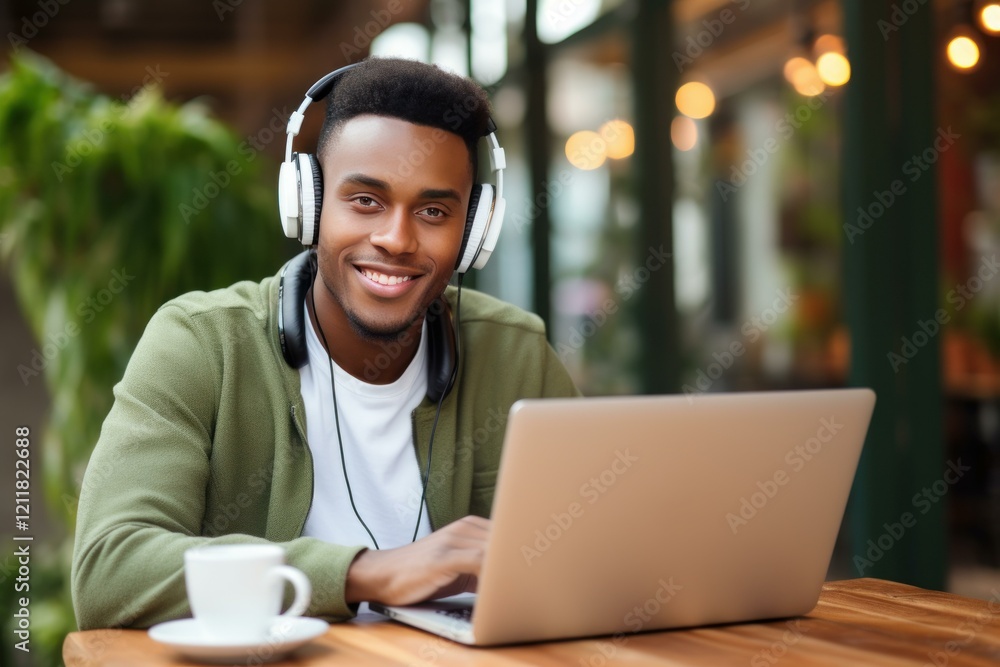 Fototapeta premium Young black entrepreneur enjoying music while working remotely on laptop in a coffee shop