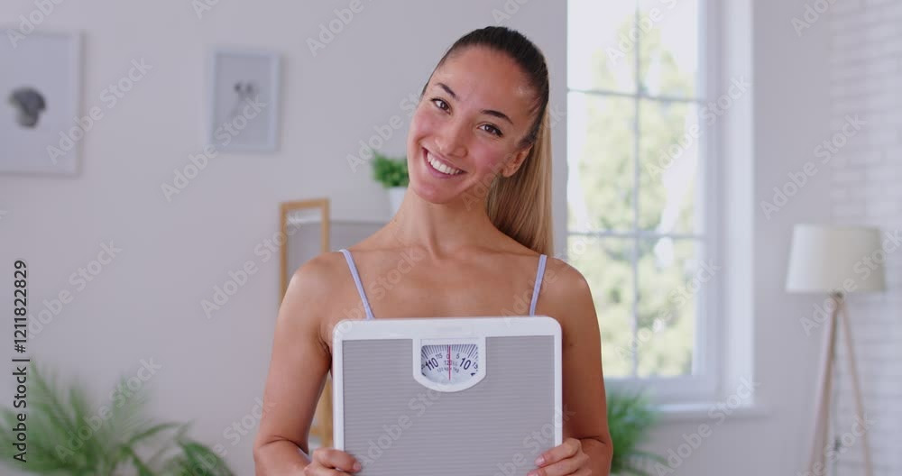 Portrait of slim sporty girl standing at home and holding scales. Confident young woman tracking her fitness and weight goals during weight loss and slimming. Healthy lifestyle and fitness concept. Portrait of slim sporty girl standing at home and holding scales. Confident young woman tracking her fitness and weight goals during weight loss and slimming. Healthy lifestyle and fitness concept.