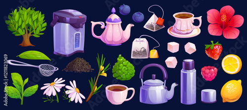 Flower herbal, fruit and berry cartoon tea set, vector hot drink and food. Cup, mug, teapot and kettle, lemon, sugar, tea bags and leaves, mint, infuser spoon, chamomile and hibiscus, strawberry, herb