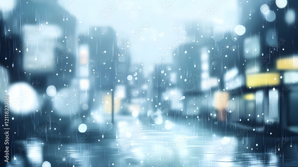 Fototapeta premium Rainy city night abstract background. Blurred city lights and raindrops on a wet street. Perfect for websites, banners, or design projects needing a moody atmosphere.