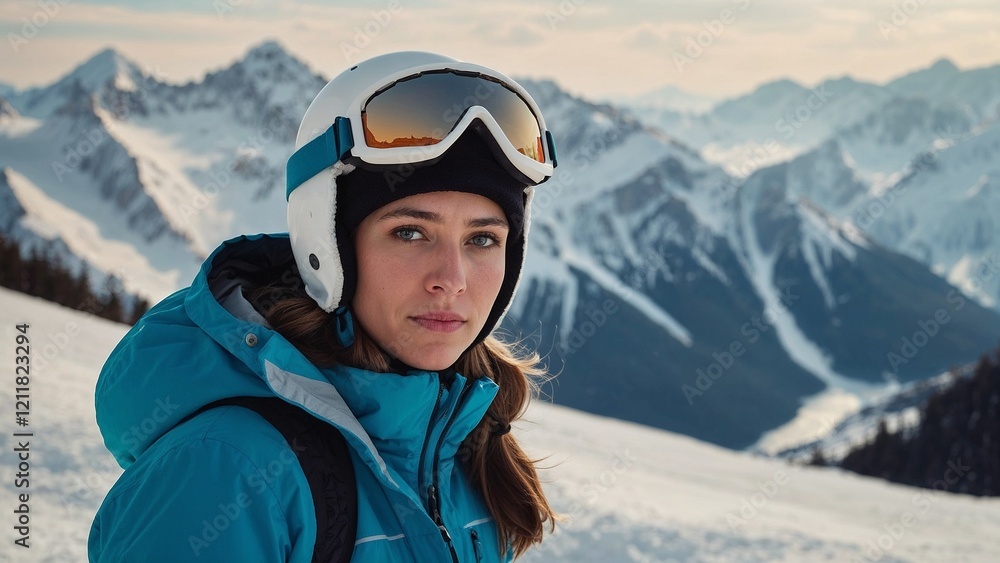 Skiing woman in mountains wearing helmet and goggles, enjoying the snowy landscape
Skiing woman in mountains wearing helmet and goggles, enjoying the snowy landscape