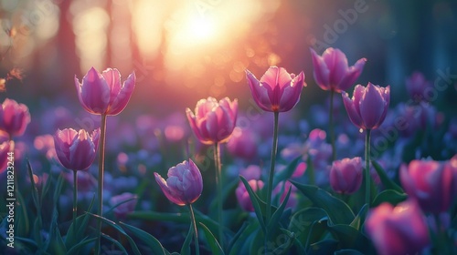Purple tulips stretch gracefully towards the sky, their petals kissed by morning dew, as the warm light of dawn envelops the peaceful garden, heralding the arrival of spring