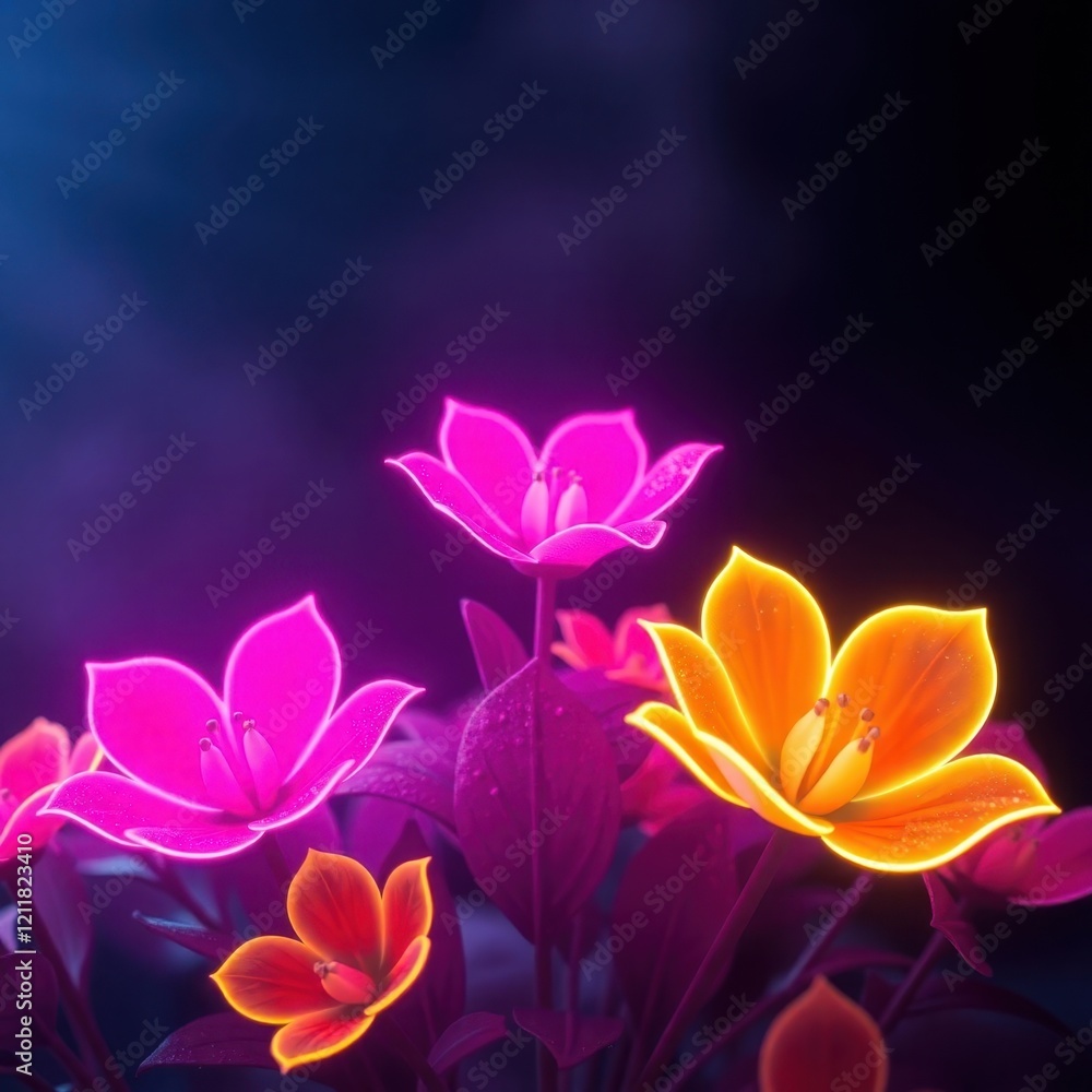 Vibrant neon flowers bloom in a mystical garden of light and color during a serene twilight moment Vibrant neon flowers bloom in a mystical garden of light and color during a serene twilight moment