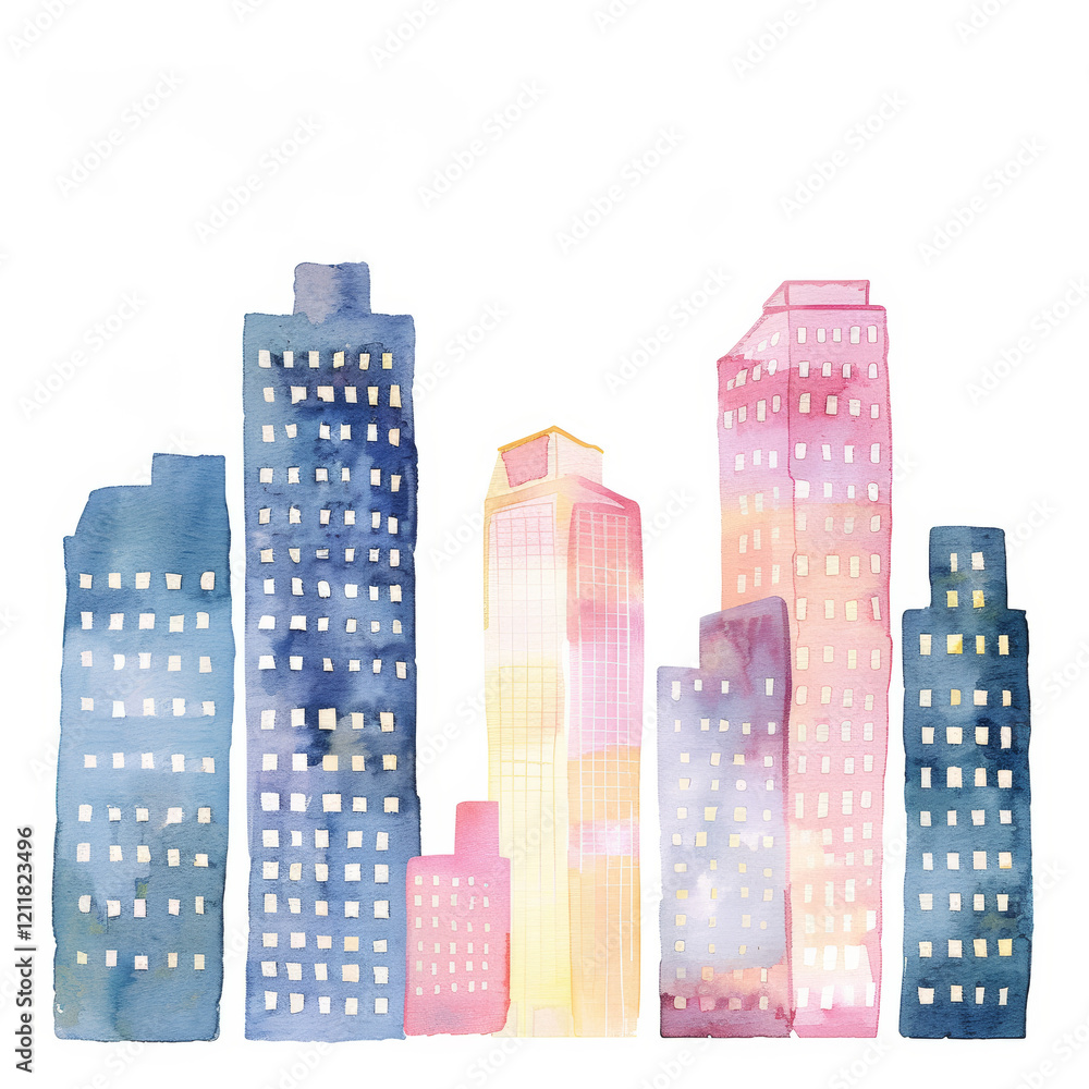 Fototapeta premium Watercolor Skyscraper Skyline at Sunset Modern Urban Architecture in Pastel Tones