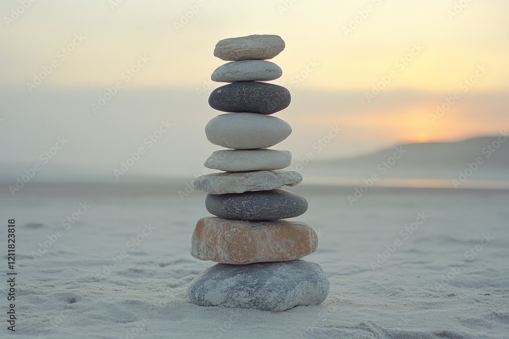 Fototapeta premium Balanced stone tower stands on sandy beach during sunset near the water's edge creating a peaceful atmosphere