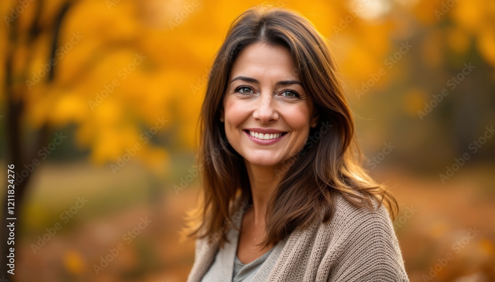 Autumn Radiance: A beautiful woman with warm brown eyes and a radiant smile beams with happiness against a backdrop of vibrant golden autumn foliage, capturing the essence of warmth and joy. Autumn Radiance: A beautiful woman with warm brown eyes and a radiant smile beams with happiness against a backdrop of vibrant golden autumn foliage, capturing the essence of warmth and joy.