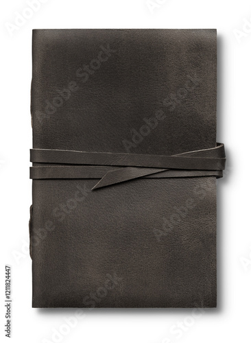 Old worn black leather notebook isolated on transparent background