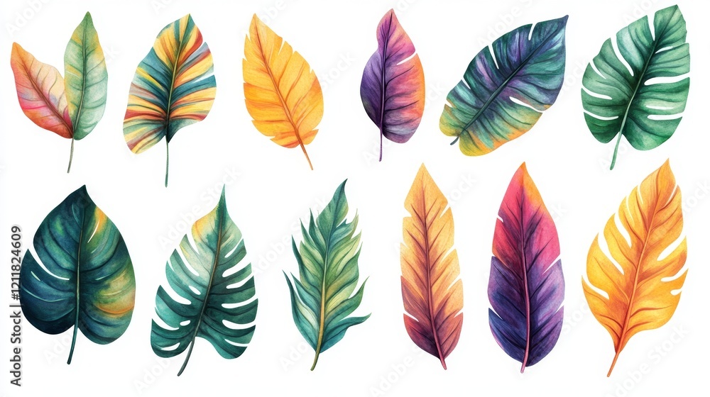 Vibrant Collection of Hand-Painted Tropical Leaves on White Background Vibrant Collection of Hand-Painted Tropical Leaves on White Background
