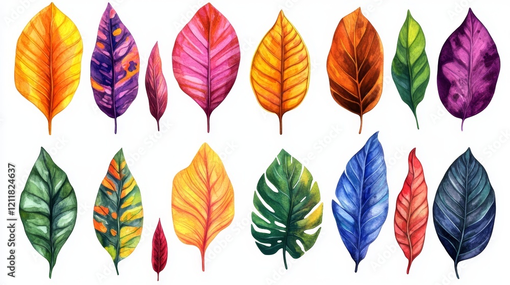 Fototapeta premium Vibrant Collection of Hand-Painted Leaves in Various Shapes and Colors