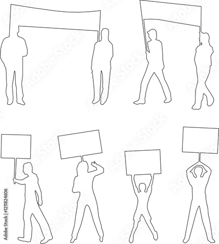 vector sketch, illustration, silhouette design, a group of students giving a speech carrying out a demonstration using a poster.eps