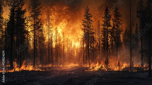 Fototapeta Naklejka Na Ścianę i Meble -  A dramatic image of a forest fire raging through trees, capturing the intensity and destruction of wildfire
