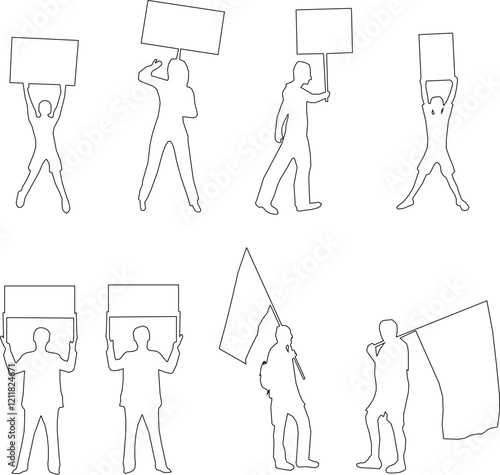 vector sketch, illustration, silhouette design, a group of students giving a speech carrying out a demonstration using a poster.eps