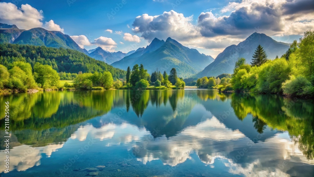 Fototapeta premium Serene lake scene with calm waters reflected in surrounding mountains and lush greenery, peaceful, mountain, peaceful