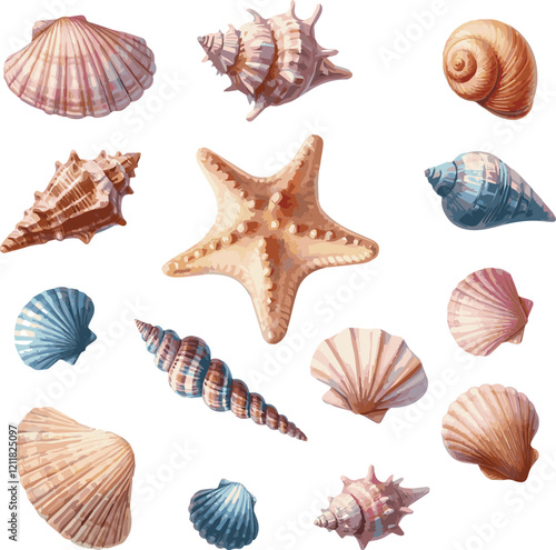 Collection of beautiful watercolor painted sea shells and starfish isolated on white background