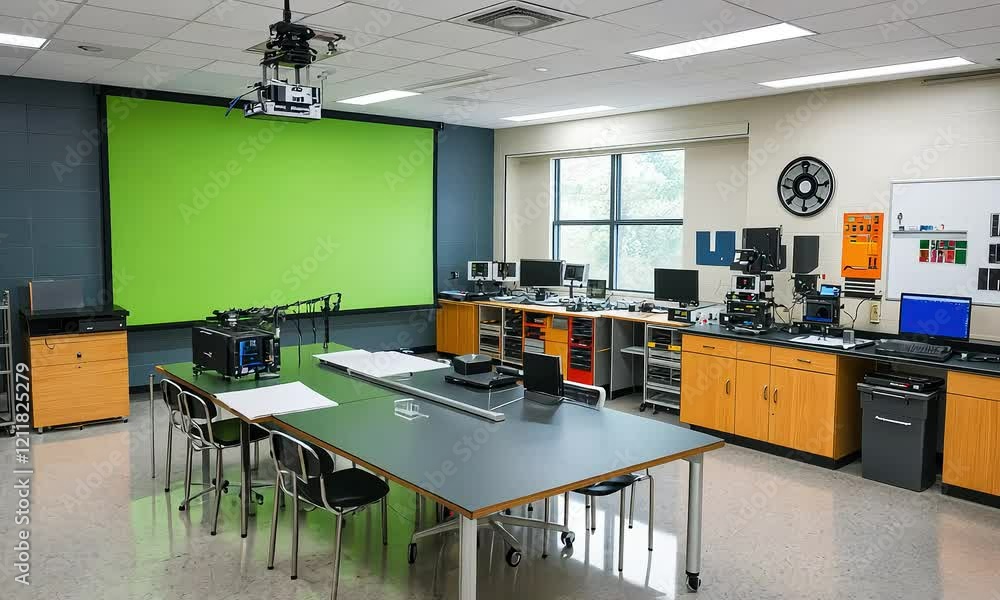 Modern educational classroom equipped with computers and green screen for multimedia learning and creative projects in a bright, open space Modern educational classroom equipped with computers and green screen for multimedia learning and creative projects in a bright, open space