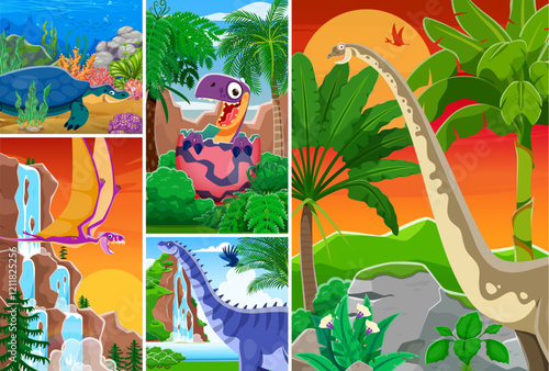Cartoon prehistoric dinosaurs characters collage of jurassic dino animals and reptiles in jungle forest and ancient sea. Funny dinosaurs vector personages of dimorphodon, henodus and paralititan