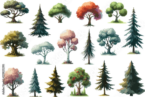 Set of 17 watercolor painted vector illustrations of colorful conifers and broadleaved trees each isolated on white background