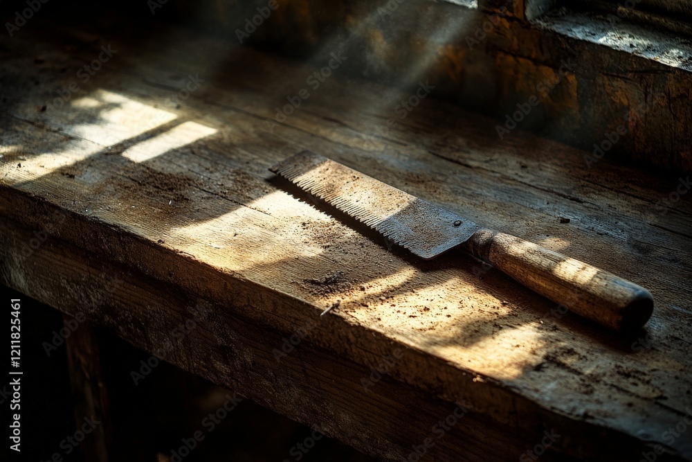 Rustic workbench with saw in sunlight beams illuminating dust in an old workshop