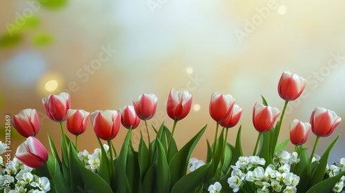 A vibrant arrangement of red and white tulips alongside delicate white flowers against a soft blurred background, This image is perfect for designs related to spring, gardening, or floral themes, photo