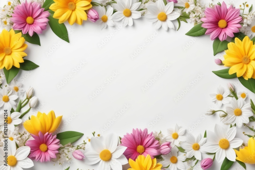 A spring flower frame with a yellow daisy border, featuring vibrant floral patterns and natural beauty A spring flower frame with a yellow daisy border, featuring vibrant floral patterns and natural beauty