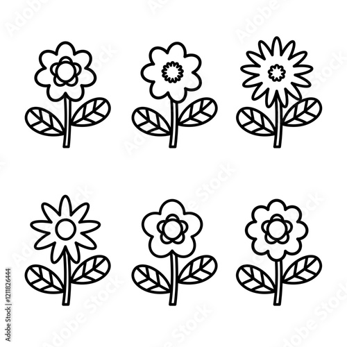 set of flowers outline. Simple flower coloring page. Collection of lineart flower.