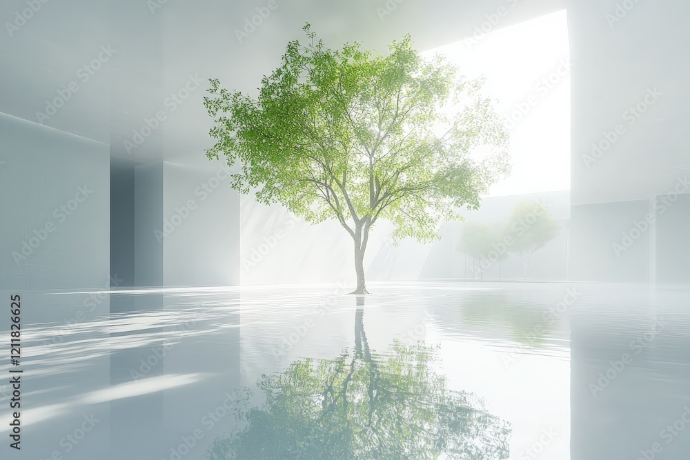 Obraz premium Bright room with a single green tree reflecting in water under natural light