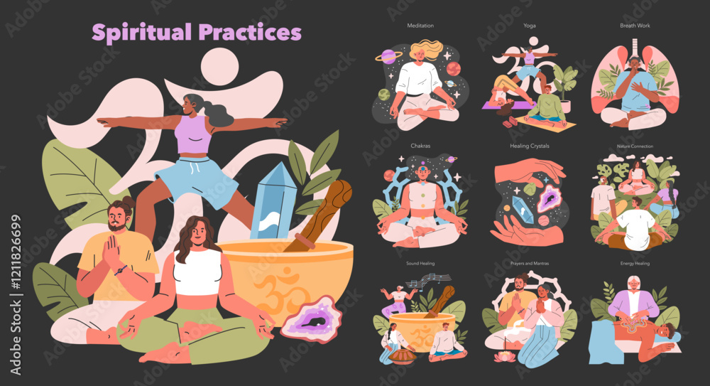 Fototapeta premium Spiritual Practices. Flat Vector Illustration