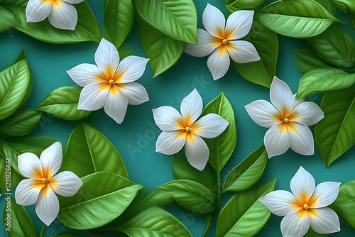 Wallpaper Mural Serene White Plumeria Blossoms: Lush Green Leaves, Teal Background, Botanical Art Torontodigital.ca