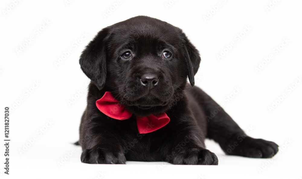 black labrador puppy in red tie on white background black labrador puppy in red tie on white background